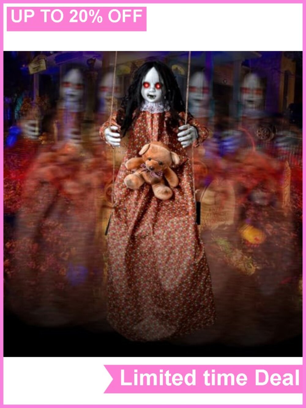 45" Hanging Swinging Girl Creepy Doll Halloween Prop Light Up Sound Activated